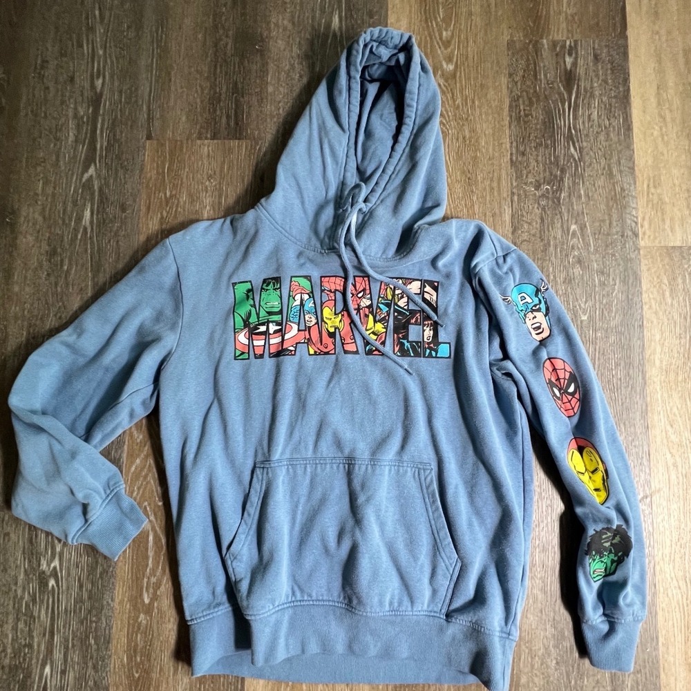 Marvel Hoodie Mens Medium Blue Avengers Graphic Logo Character Sleeve Sweatshirt